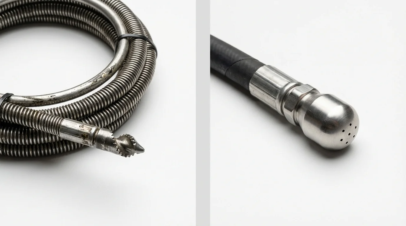Drain snake cable and hydro jetting nozzle used for drain cleaning in Liberty, SC