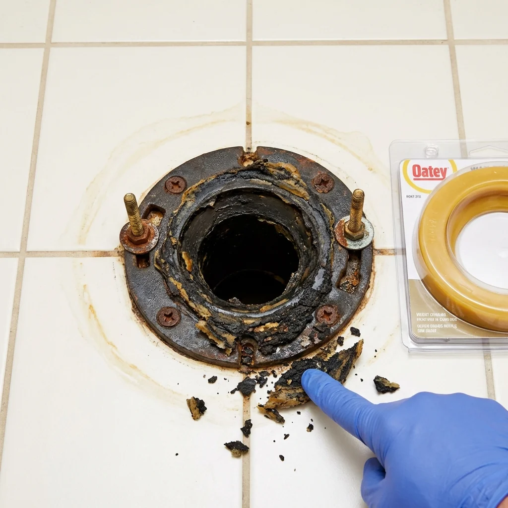 Failed wax ring showing water seepage at the base of a toilet in a Liberty, SC home